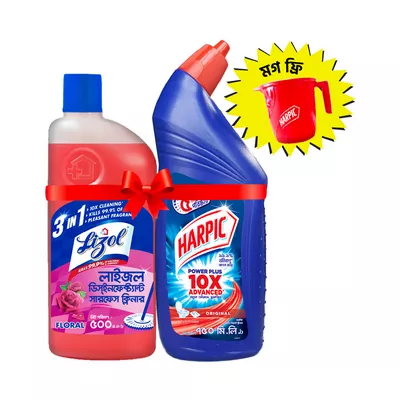 Harpic Toilet & Lizol Surface Cleaner Floral Double Surokkha (Mug Free)